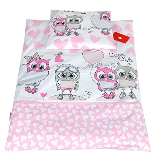 BabyLux 2 TLG. Set Bezug für Kinderwagen Stubenwagen oder Wiege Garnitur Bettwäsche Kissen Decke 60 x 78 cm (103. Eule Rosa) von BabyLux