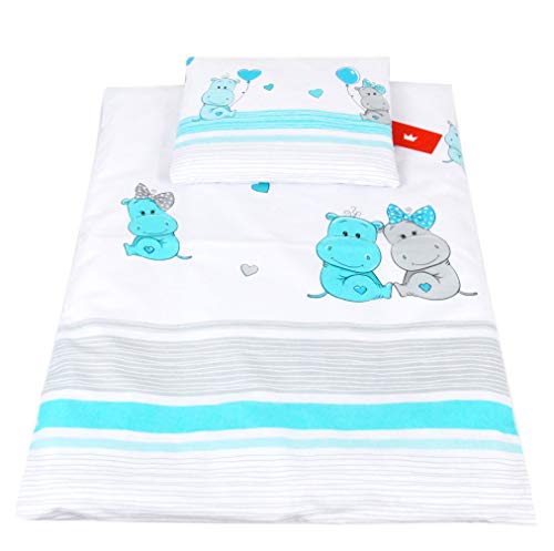 BabyLux 2 TLG. Set Bezug für Kinderwagen Stubenwagen oder Wiege Garnitur Bettwäsche Kissen Decke 60 x 78 cm (108. Hippo Turkis) von BabyLux