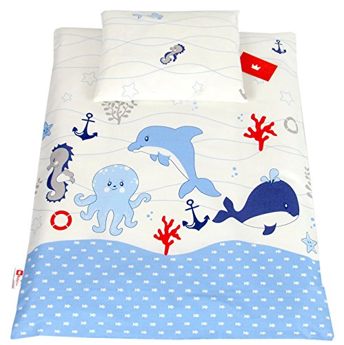 BabyLux 2 TLG. Set Bezug für Kinderwagen Stubenwagen oder Wiege Garnitur Bettwäsche Kissen Decke 60 x 78 cm (74. Fische Blau) von BabyLux