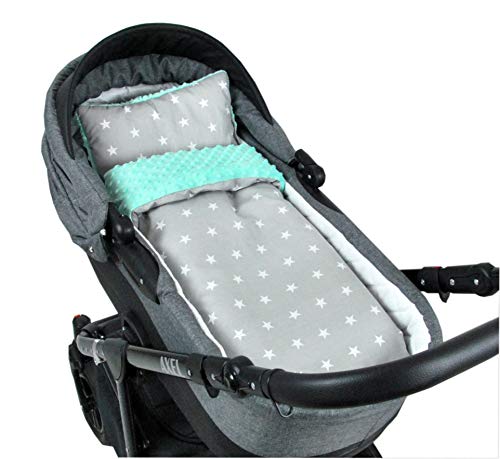 Babylux Babydecke Minky PLÜSCH Kuscheldecke Decke 75 x 60 cm + Kissen 2 TLG Set für Kinderwagen/Wiege (MP91 - Minze + Sterne Grau) von Babylux