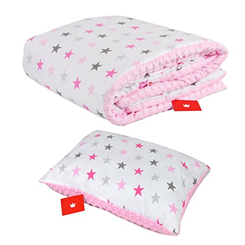 BabyLux Kuscheldecke 100 x 150 cm Decke Babydecke Kinderdecke Bettdecke Groß Kissen Minky XXL (1. Rosa + Sterne mit Kissen) von BabyLux