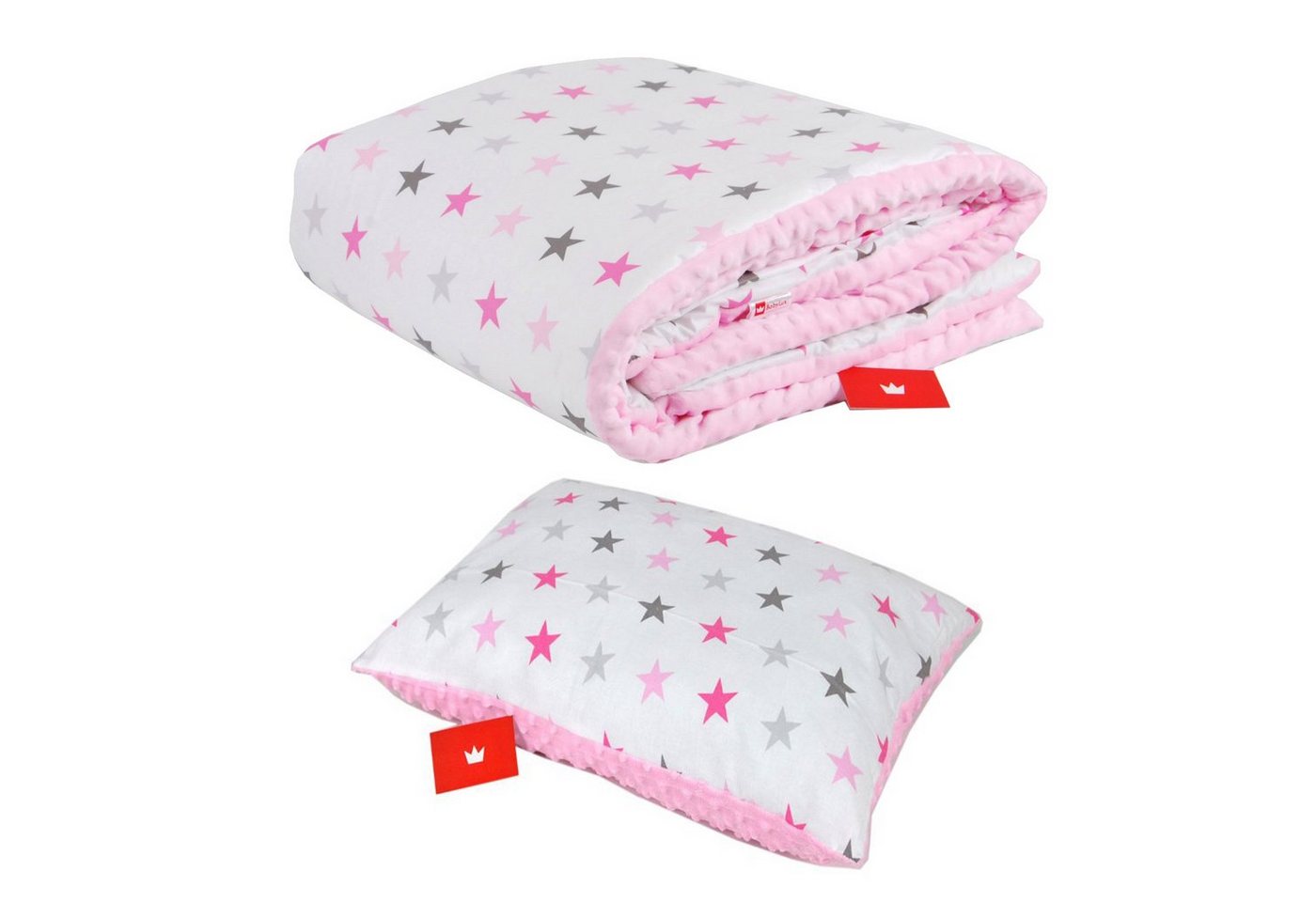 Kinderdecke BABYLUX Kuscheldecke 100 x 150 cm Babydecke Kinderdecke MINKY XXL, BabyLux, 1. Rosa + Sterne mit Kissen von BabyLux