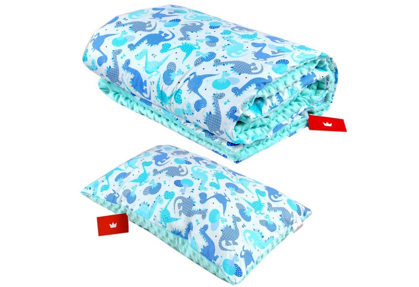 Kinderdecke BABYLUX Kuscheldecke 100 x 150 cm Babydecke Kinderdecke MINKY XXL, BabyLux, 11. Blau + Dino mit Kissen von BabyLux