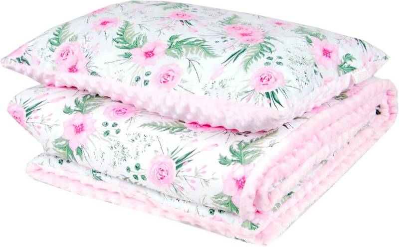Kinderdecke BABYLUX Kuscheldecke 100 x 150 cm Babydecke Kinderdecke MINKY XXL, BabyLux, 13. Rosa + Blumen mit Kissen von BabyLux
