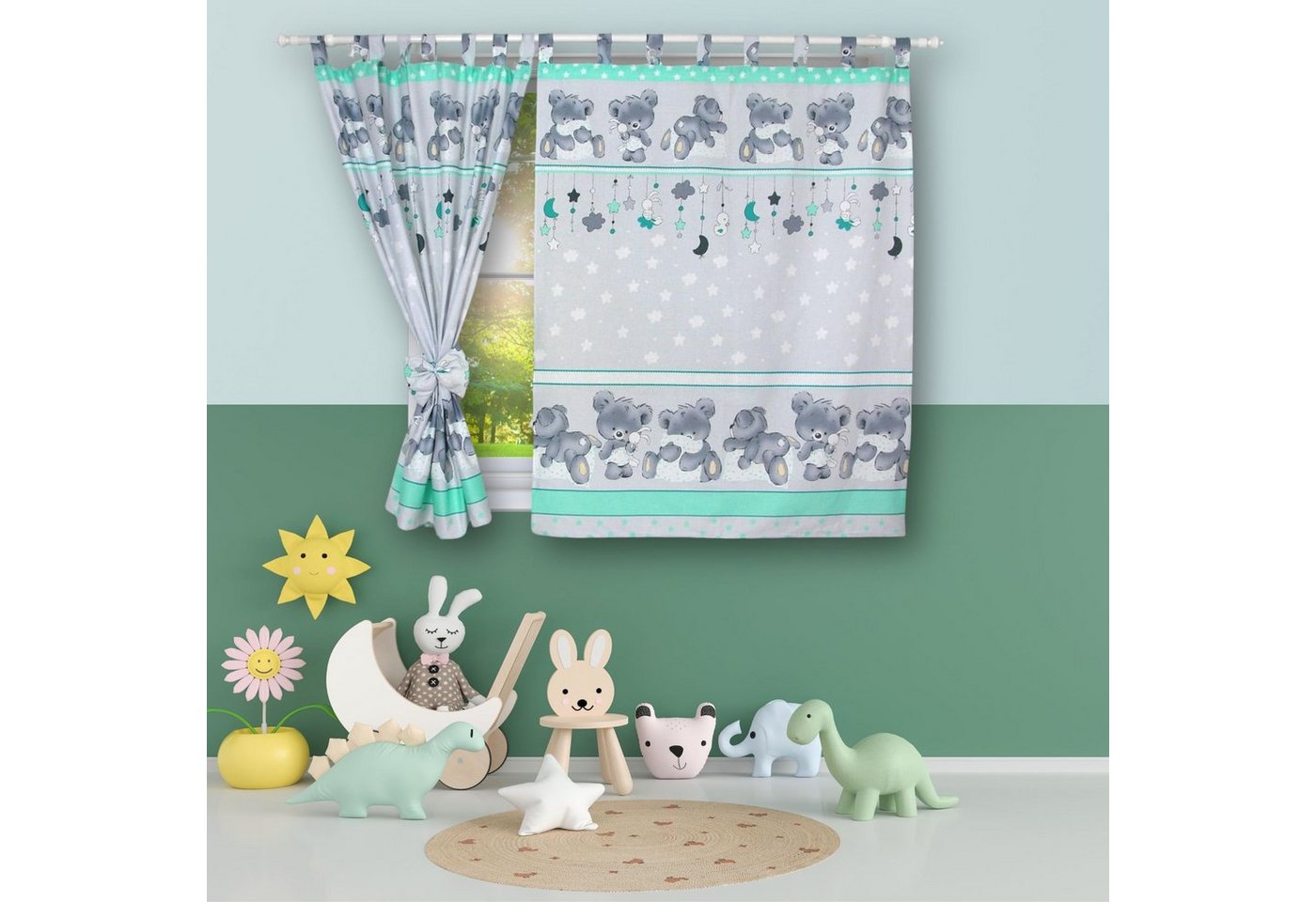 BabyLux Vorhang Kinderzimmer VORHÄNGE mit Schlaufen Kinder Baby Gardinen 2 x 160x120cm, 80. Bäre Minze von BabyLux