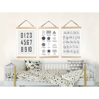 Schwarz Weiß Leinwand Kunst Dekor Kinderzimmer, Alphabet Zahlen Und Formen Wandbehang Drucke 3Er Set Lernposter Kleinkind von BabyTriffle