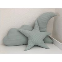 Dekokissen Stern Wolke Mond Waffelstoff Hell Altmint von BabyglueckDesign