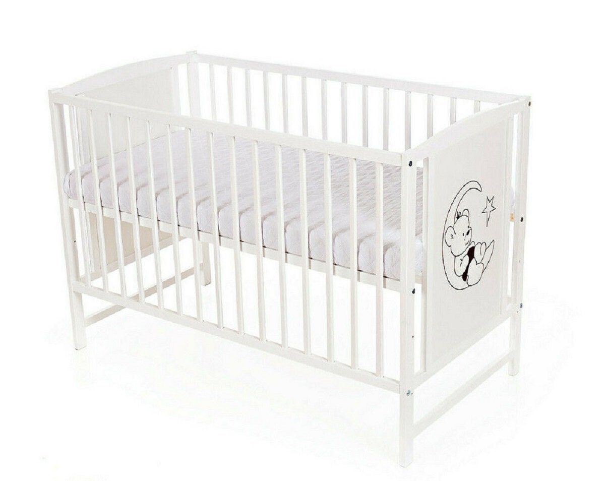 Babyhafen Kinderbett Babybett Teddybär weiß 60 × 120 cm mit Matratze Gitterbett (Bett und Matratze), Mit Motiv von Babyhafen