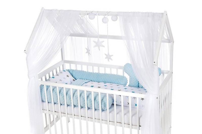 Babyhafen Babybett Hausbett Kinderbett 120x60 Matratze Minky Bettset Sterne Rosa Blau, Komplettbettset von Babyhafen