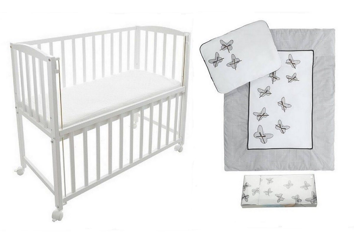 Babyhafen Beistellbett Babybett 40x90 cm Schmetterlinge, Seemann Matratze Rollen Kiefer, Bio Baumwolle von Babyhafen