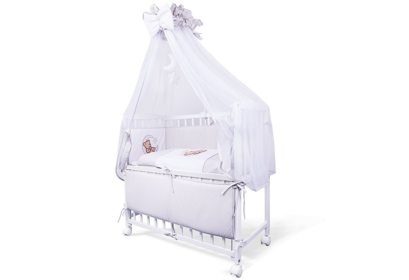 Babyhafen Beistellbett Babybettchen 90x40 mit Rollen Komplettbett "Bär auf Mond", Kiefernholz von Babyhafen