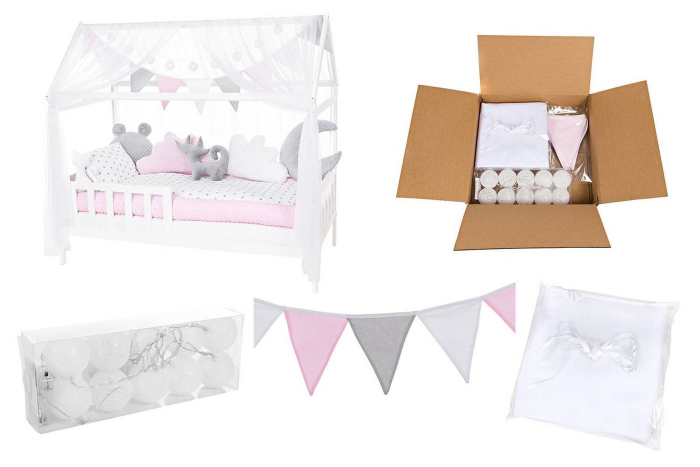 Babyhafen Betthimmel 3 tlg. Deko-Set für Hausbetten Baldachin Wimpel Lichterkette Rosa (3-tlg), 10 warm weiße Dioden, passend zum Hausbett von Babyhafen