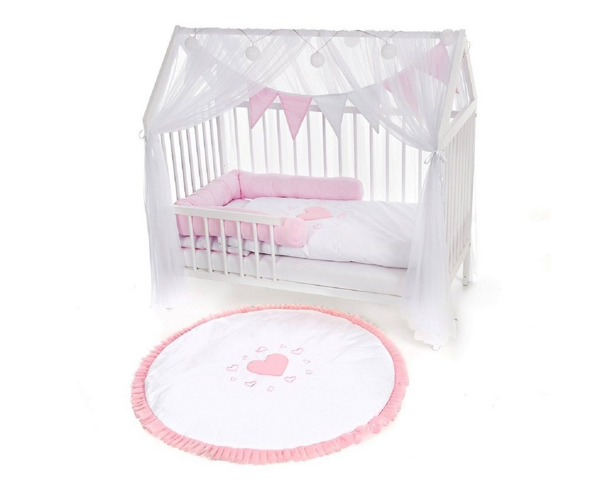 Babyhafen Hausbett Babybett 120x60 Rausfallschutz Gitterbett Umbaubar Herzen rosa (Komplettbett), Einzelbett von Babyhafen