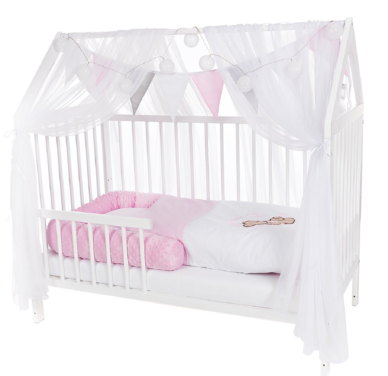 Babyhafen Hausbett Kinderbett 60x120 Rausfallschutz Umbaubar Teddy rosa, grau, mint (Set, Komplettbettset), Ausführung Komplettset von Babyhafen