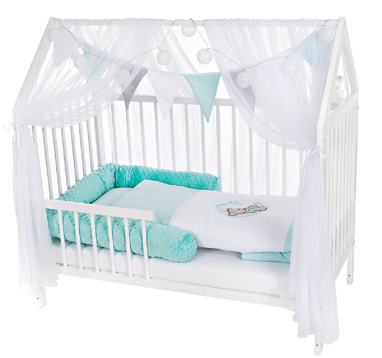 Babyhafen Kinderbett Hausbett 120x60 Rausfallschutz Kinderbett Teddy grün (Komplettset), Ausführung mit Matratze und Bettwäscheset von Babyhafen