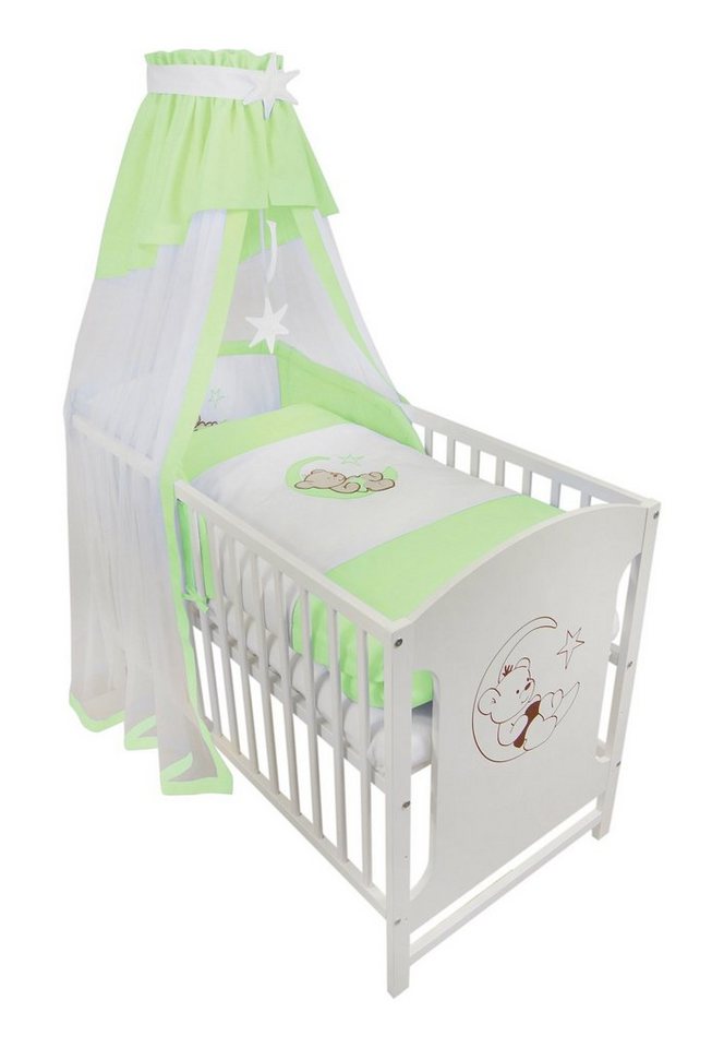 Babyhafen Komplettbett 60 × 120 cm Babybett Teddy auf dem Mond Gitterbett Kinderbett, inkl. Matratze, Himmel, Nestchen & Bettwäsche von Babyhafen