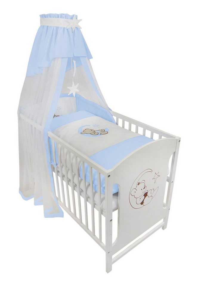 Babyhafen Komplettbett 60 × 120 cm Babybett Teddy auf dem Mond Gitterbett Kinderbett, inkl. Matratze, Himmel, Nestchen & Bettwäsche von Babyhafen