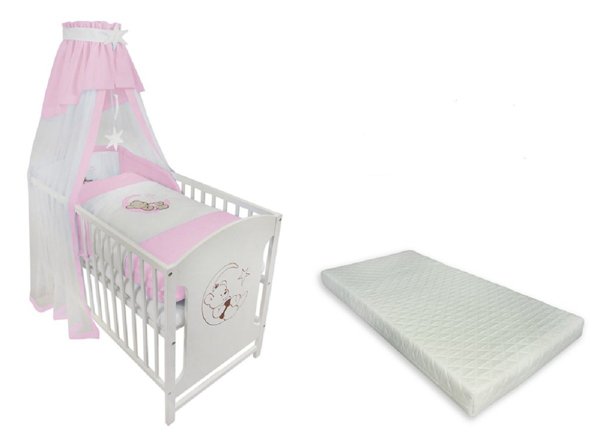 Babyhafen Komplettbett 60 × 120 cm Babybett Teddy auf dem Mond Gitterbett Kinderbett, inkl. Matratze, Himmel, Nestchen & Bettwäsche von Babyhafen