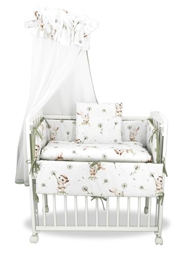 Beistellbett Babybett-Set mit Himmel, Hasen-Pusteblumen-Design, Weiß und Salbeigrün, 6-teilig (Salbeigrün) von Babyhafen