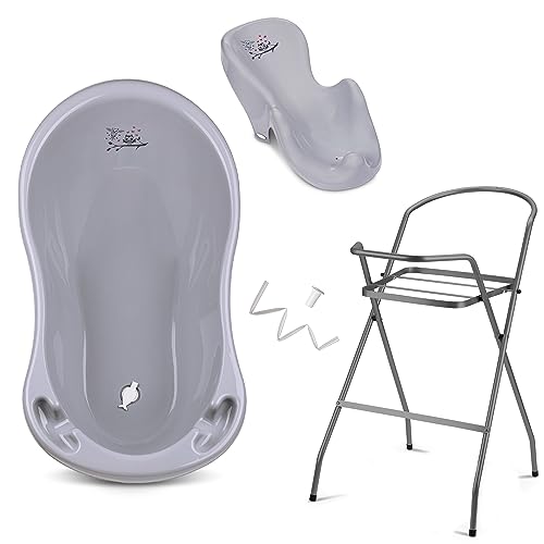 Baby Badewanne mit Gestell 4 Set TÜV Rheinland zertifiziert! Babybadewannen + Baby Badewannensitz +Abfluss + Gestell - Babywanne mit Ständer! Baby Pflegeset für Neugeborene. von Babykajo