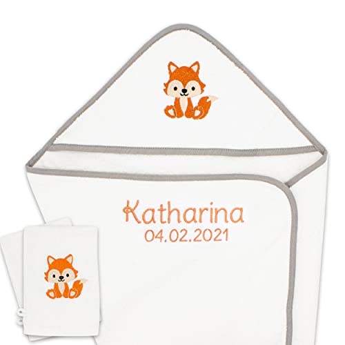 Baby Handtuch personalisiert mit Namen und Geburtsdatum Oeko Tex Zertifiziert – Kapuzenhandtuch 80x80cm + 2 Baby Waschlappen aus 100% Baumwolle – Babygeschenke zur Geburt Junge und Mädchen. von Babykajo