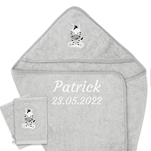 Baby Handtuch personalisiert mit Namen und Geburtsdatum Oeko Tex Zertifiziert – Kapuzenhandtuch 80x80cm + 2 Baby Waschlappen aus 100% Baumwolle – Babygeschenke zur Geburt Junge und Mädchen. von Babykajo