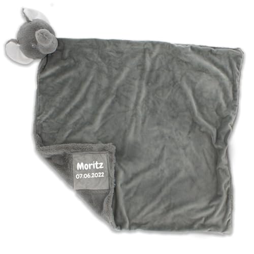 Babydecke mit Namen Bestickt. Zweilagige Kuscheldecke 75x75cm mit süßem Tiergesicht zum kuscheln. Baby Geschenk zur Geburt für Jungen und Mädchen Elefant von Babykajo