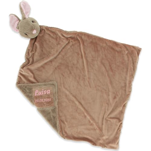 Babydecke mit Namen Bestickt. Zweilagige Kuscheldecke 75x75cm mit süßem Tiergesicht zum kuscheln. Baby Geschenk zur Geburt für Jungen und Mädchen Hase von Babykajo