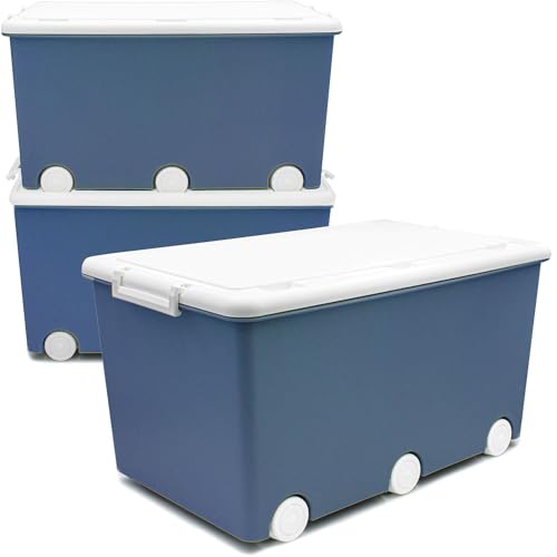 Babykajo 3 Aufbewahrungsboxen mit Deckel und Rollen 50L - Stapelboxen mit Deckel undurchsichtig - Plastikbox mit Deckel zum verschließen- Kisten Aufbewahrung mit Deckel von Babykajo