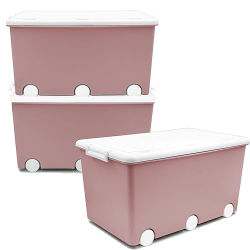 Babykajo 3 Aufbewahrungsboxen mit Deckel und Rollen 50L - Stapelboxen mit Deckel undurchsichtig - Plastikbox mit Deckel zum verschließen- Kisten Aufbewahrung mit Deckel von Babykajo