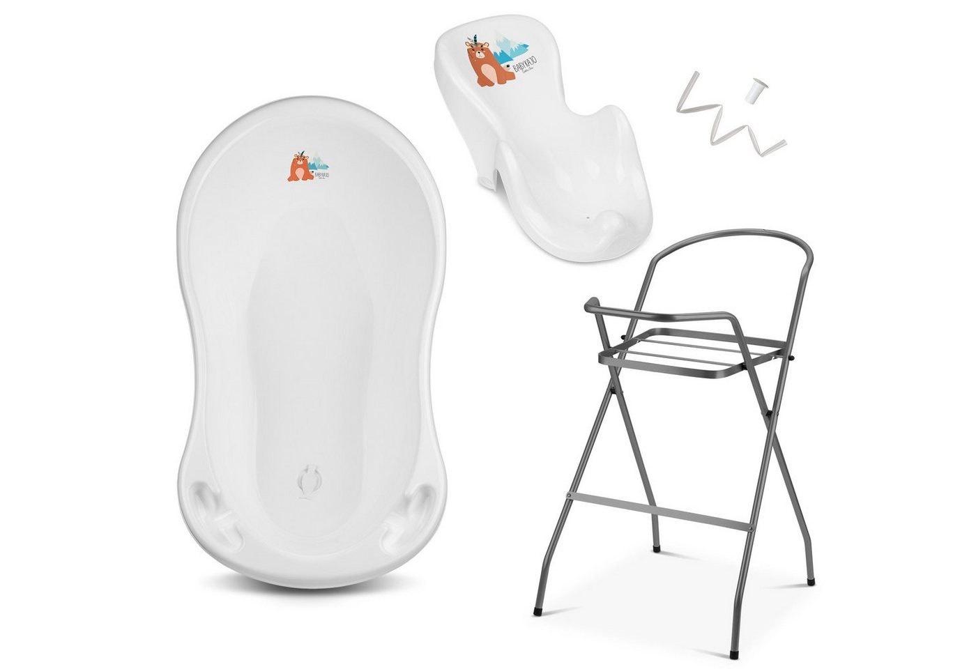 Babykajo Babybadewanne, (Set, 4-tlg), Baby Wanne mit Ständer, Wannensitz, Schlau - TÜV Rheinland geprüft von Babykajo