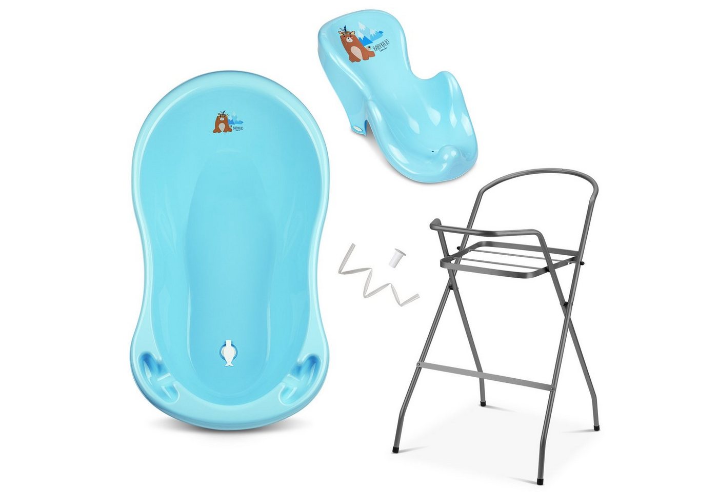 Babykajo Babybadewanne, (Set, 4-tlg), Baby Wanne mit Ständer, Wannensitz, Schlau - TÜV Rheinland geprüft von Babykajo