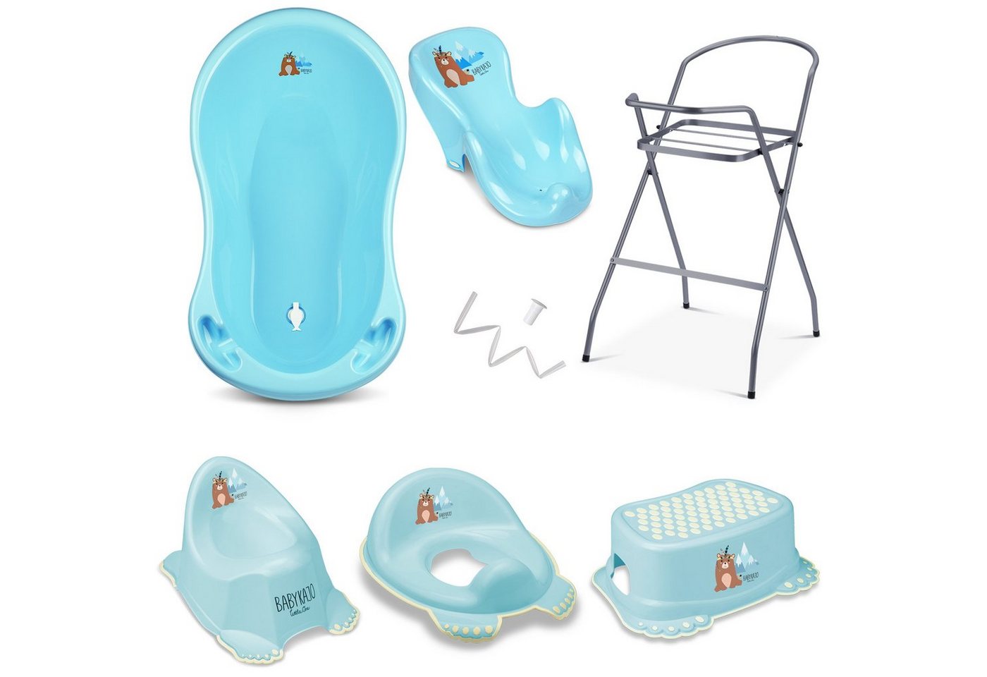 Babykajo Babybadewanne, (Teile, 7-tlg), Baby Badewanne mit Gestell + Badesitz + Töpfchen + Hocker + WC Trainer von Babykajo