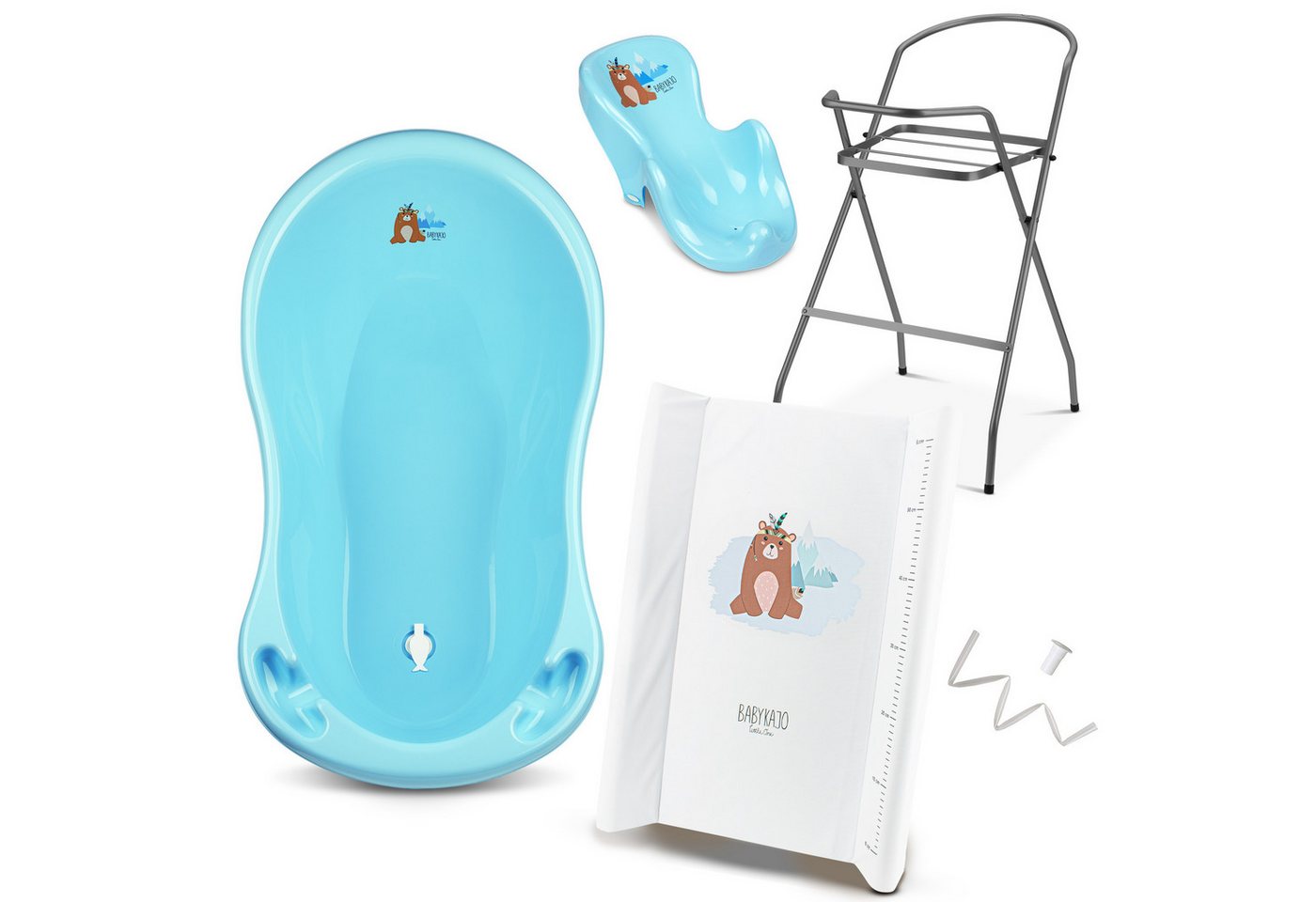 Babykajo Babybadewanne mit Ständer, (Set, 5-tlg), Babywanne mit Gestell, Sitz, Schlauch und Wickelauflage - TÜV geprüft von Babykajo