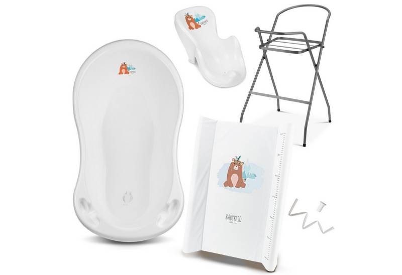 Babykajo Babybadewanne mit Ständer, (Set, 5-tlg), Babywanne mit Gestell, Sitz, Schlauch und Wickelauflage - TÜV geprüft von Babykajo