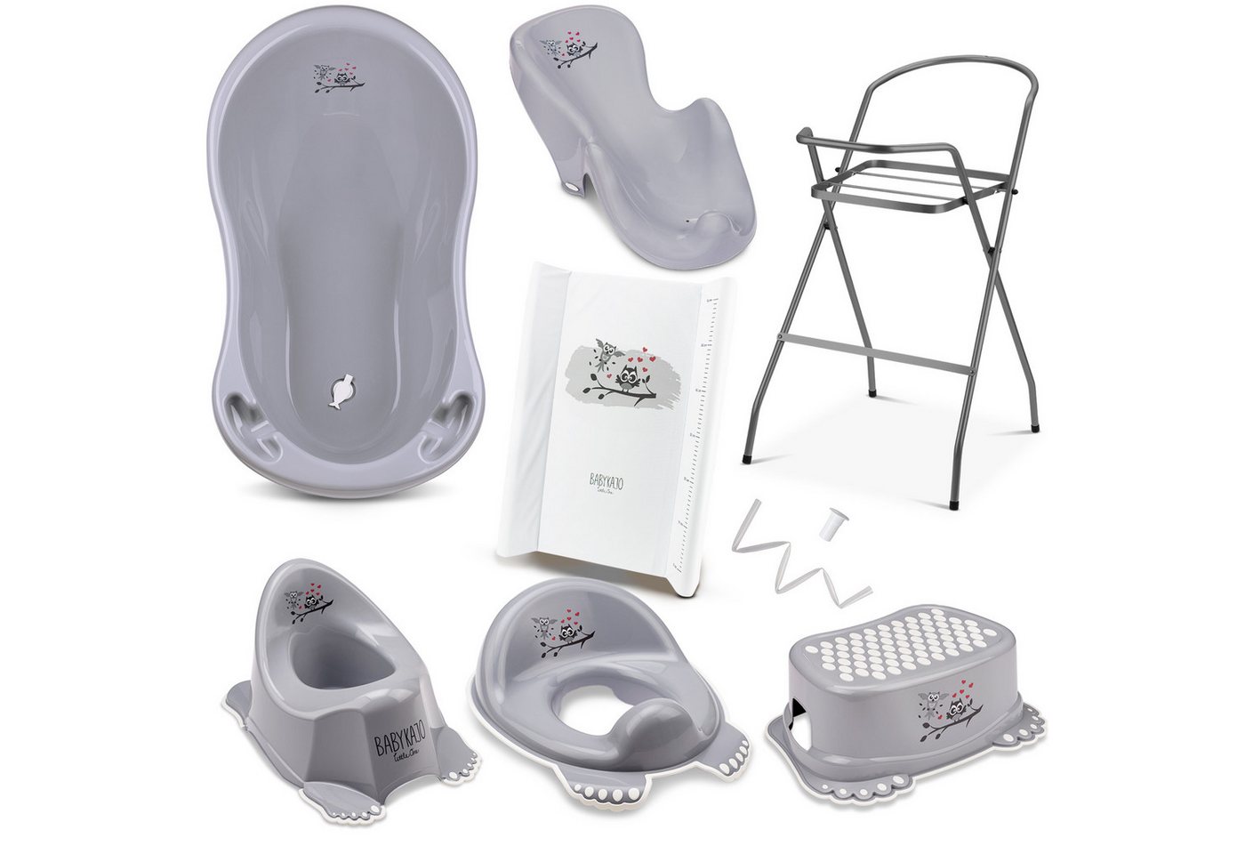 Babykajo Babybadewanne mit Ständer, (Set, 8-tlg), Wanne, Sitz, Wickelauflage, Gestell, Abfluss, Töpfchen, Hocker WC-sitz von Babykajo