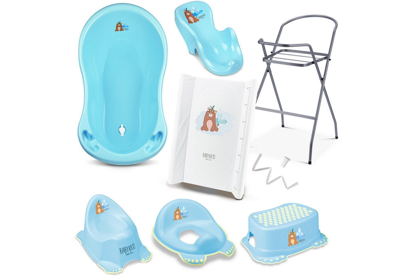 Babykajo Babybadewanne mit Ständer, (Set, 8-tlg), Wanne, Sitz, Wickelauflage, Gestell, Abfluss, Töpfchen, Hocker WC-sitz von Babykajo