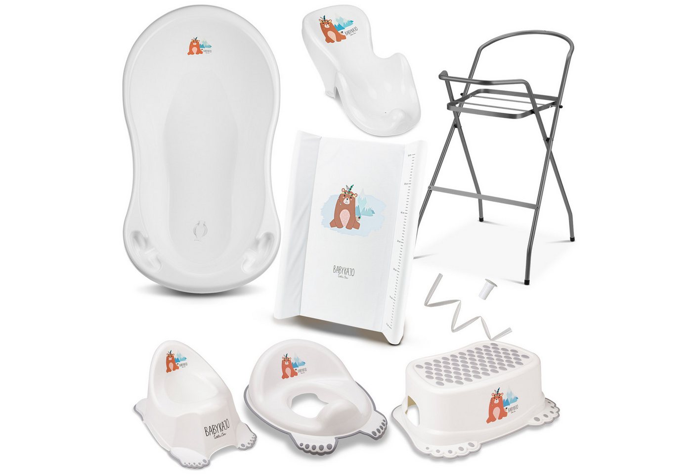 Babykajo Babybadewanne mit Ständer, (Set, 8-tlg), Wanne, Sitz, Wickelauflage, Gestell, Abfluss, Töpfchen, Hocker WC-sitz von Babykajo