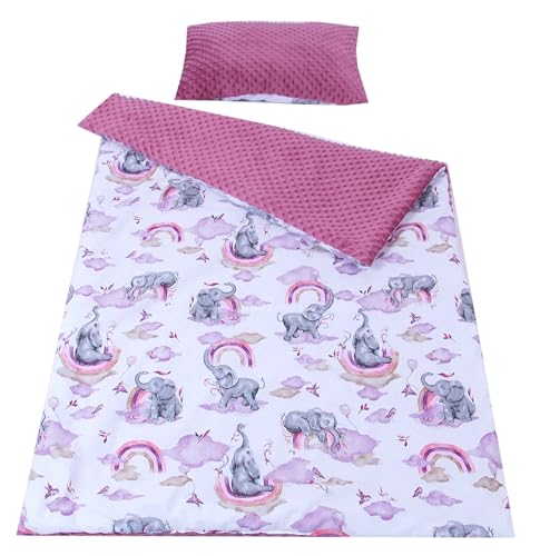Babylux Kuscheldecke 100 x 150 cm Decke Babydecke Kinderdecke Bettdecke Groß Kissen Minky XXL (125. Elefanten Rosa mit Kissen) von Babylux