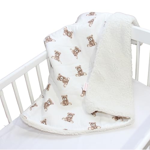 Babylux Musselin & Teddy Kuscheldecke – 100x75 cm – Weich, Warm & Zweiseitig für Kinderwagen & Babybett (D6 - Bärchen) von Babylux