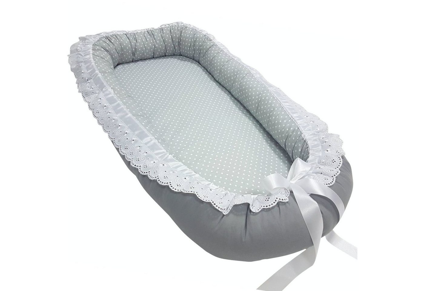 Babymajawelt Kuschelnest Babynest Romantic mit Matratze, Spitze Satin, Mitwachsend, Made In EU, für den Schlaf zwischendruch, Bettverkleinerung von Babymajawelt