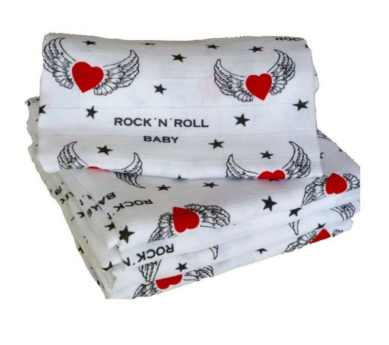 Babymajawelt Spucktuch Baby Mullwindeln Mulltücher Rock´n´Roll Baby 80 x 80 cm, 5er Set, Premium Qualität, Made in EU, sehr langlebiger Aufdruck, kochfest, Schmusetuch für kleine ROCKER!" von Babymajawelt