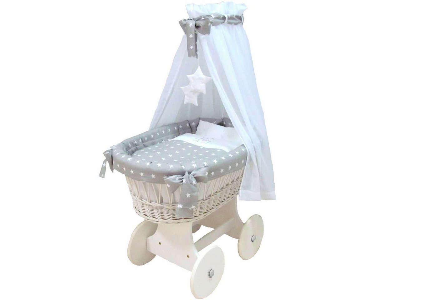 Babymajawelt Stubenwagen Baby Stubenwagen Komplett Set, mit Ausstattung Große Räder, STARS, Made in EU, Naturweide, Sorglos Paket von Babymajawelt