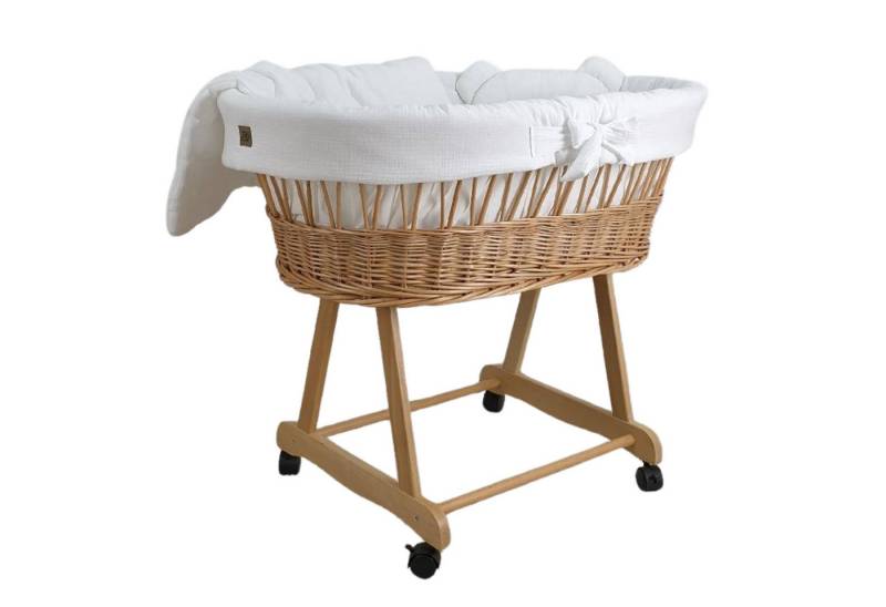 Babymajawelt Stubenwagen Komplett Set mit Musselin Ausstattung, Ohne Baldachin, Rollen, Weidenkorb Natur, Bett Set + Matratze von Babymajawelt