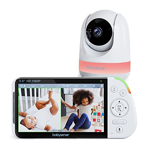 Babysense 5,5 Zoll 1080p Full HD Split-Screen Babymonitor, Video-Babyphone mit Kamera und Audio, PTZ Kamera, RGB-Nachtlicht, 300 Meter Reichweite, Zwei-Wege-Audio, 4-facher Zoom, 5000 mAh Akku von Babysense