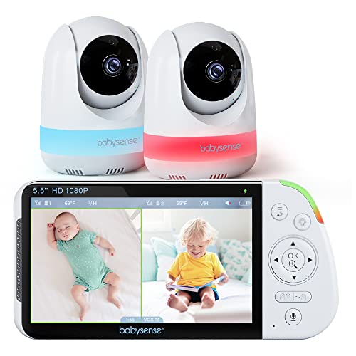 Babysense 5,5 Zoll 1080p Full HD Split-Screen Baby Monitor, Video Babyphone mit Kamera und Audio, Zwei PTZ Kameras, RGB Nachtlicht, 300m Reichweite, Zwei-Wege-Audio, 4X Zoom, 5000mAh Akku von Babysense