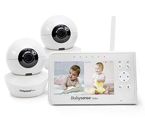 Babysense Babymonitor mit Geteilter Bildschirm 4,3“, Video Babyphone mit Zwei Kameras, PTZ-Funktion, Reichweite 300m (freien Raum), Nachtlicht, Zwei-Wege-Kommunikation, Nachtsicht, Schlaflieder von Babysense