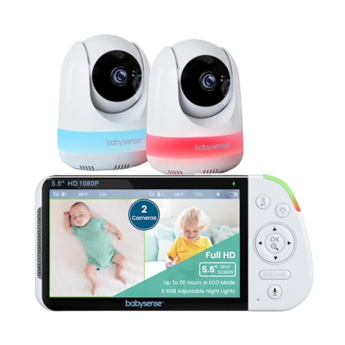 Babysense Babyphone mit Kamera und 5.5'' 1080p Full HD Geteilte Bildschirmanzeige, 2 Kameras, RGB-Nachtlicht, 5000mAh Großer Akku, 2-Wege-Audio, 4X Zoom, Ohne WLAN, Model: MaxView-2CAM von Babysense