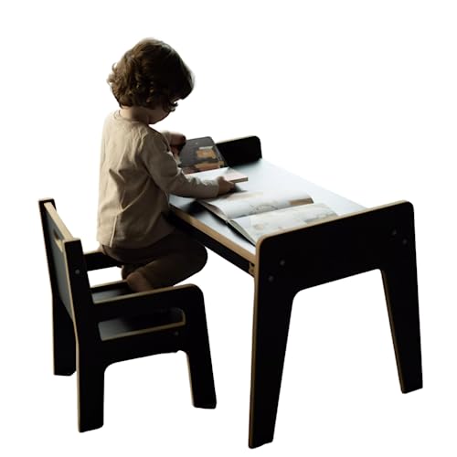 Babywood Tisch und Stuhl für Kinder, Kinderschreibtisch Set mit Stuhl aus Holz, sicherer Spieltisch Set (schwarz) von Babywood