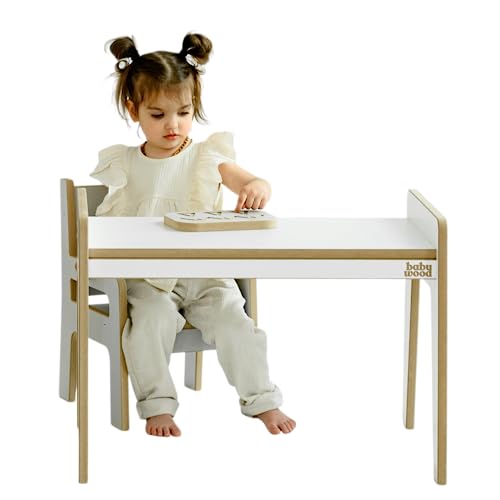 Babywood Tisch und Stuhl für Kinder, Kinderschreibtisch Set mit Stuhl aus Holz, sicherer Spieltisch Set (weiß) von Babywood